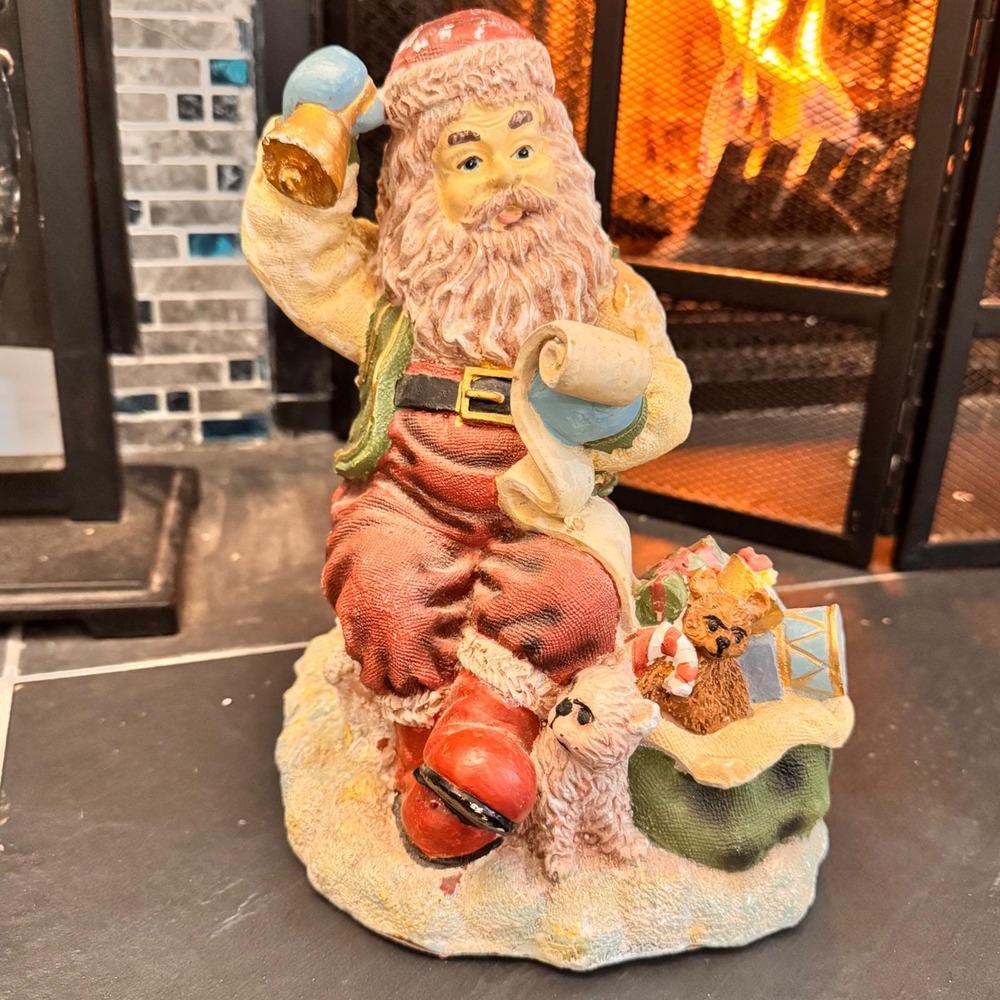 Vintage Santa Claus Figurine 10" Resin Christmas Statue Bell List Toys Puppy
